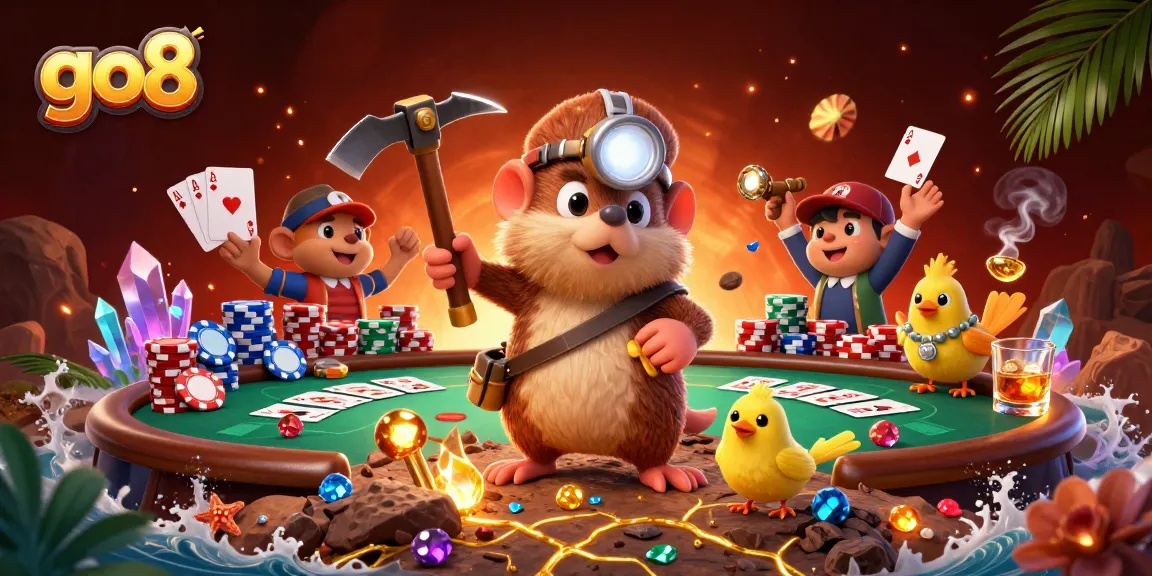 Experience dynamic poker action with go8's vibrant illustration featuring a treasure hunter mole.
