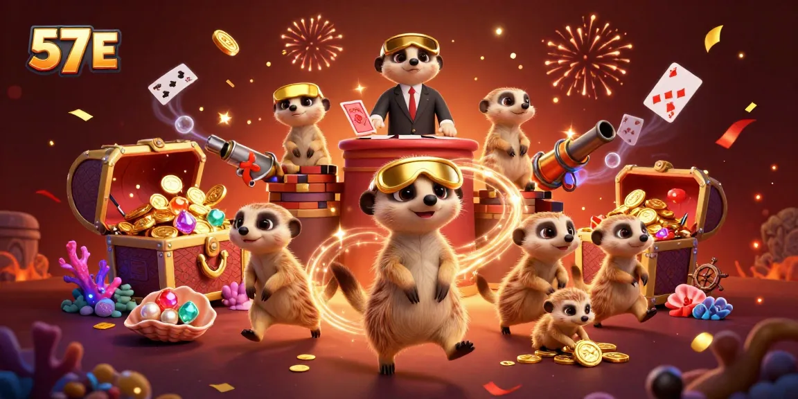 Immerse in the action at 57 E with meerkats running a vibrant casino, celebrating wins with gold coins and gems.