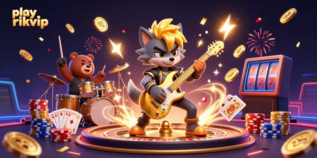 Play rikvip while enjoying a lively casino scene with a rock star wolf and bear drummer in action.