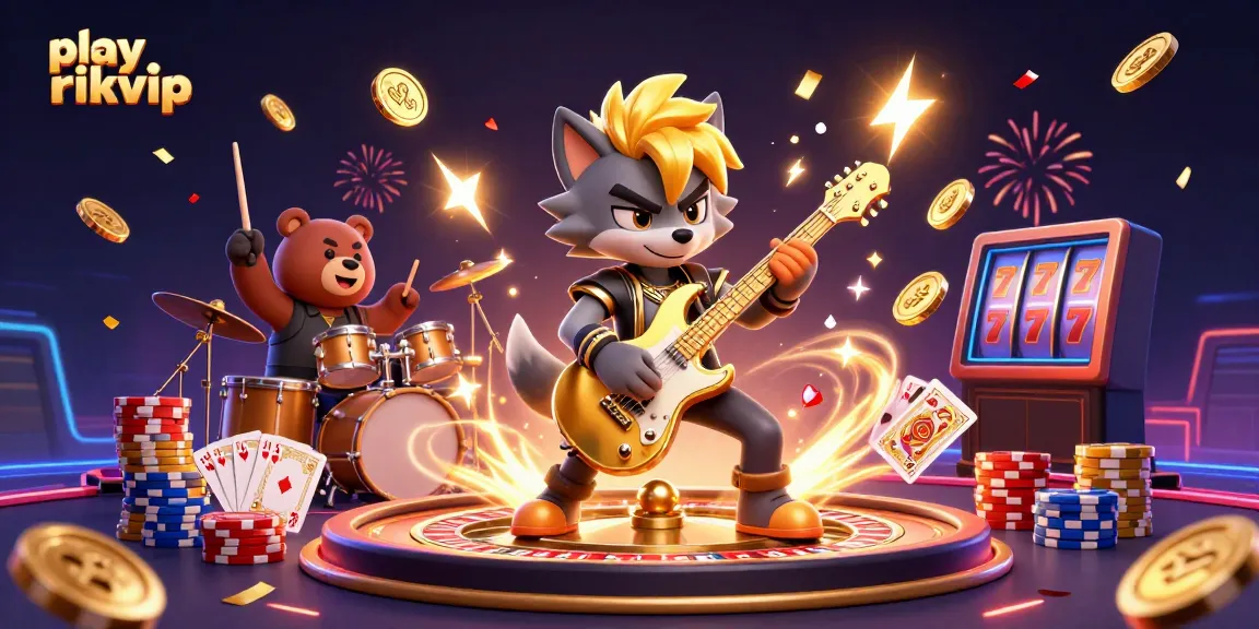 Play rikvip while enjoying a lively casino scene with a rock star wolf and bear drummer in action.