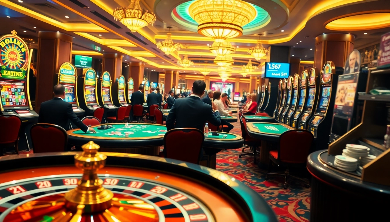 L567 gaming scene with vibrant slot machines and blackjack tables, showcasing excitement and luxury.