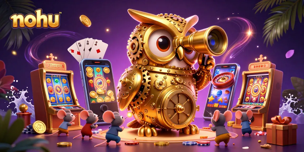 Nohu showcases an immersive casino experience with a giant owl, gears, and vibrant game elements.