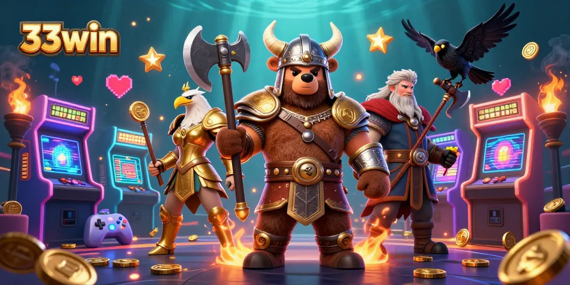 Experience 33win's thrill with a Viking berserker and Valkyrie eagles in a vibrant gaming scene.