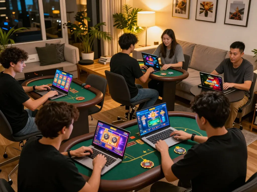 Jogadores da AAVIP aproveitando jogos de cassino online com telas vibrantes e atmosfera acolhedora
