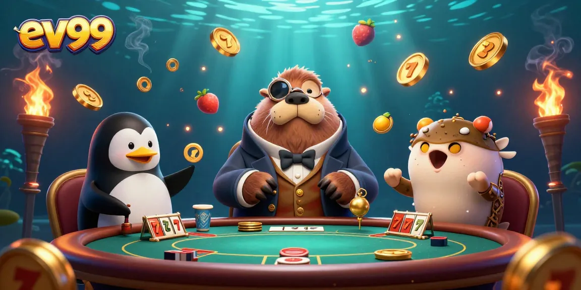 ev99 walrus enjoying an underwater poker game amidst dynamic slot elements and golden jackpots