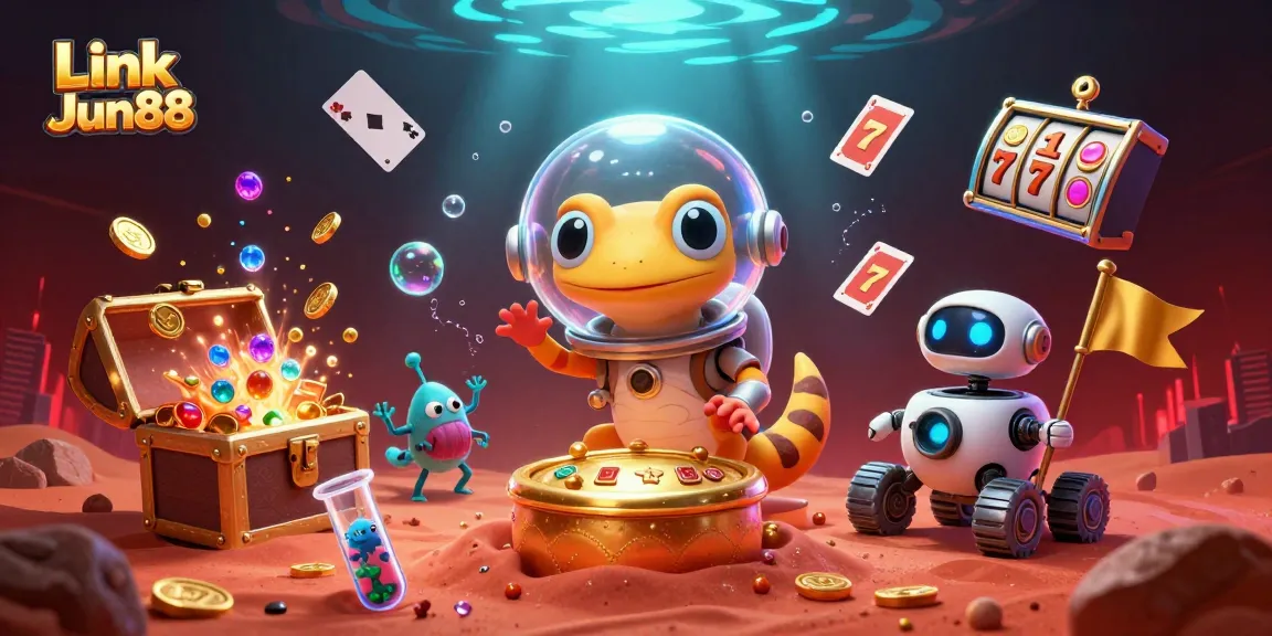 Experience the thrill of winning at Link Jun88 with the Martian gecko exploring a vibrant golden casino scene.