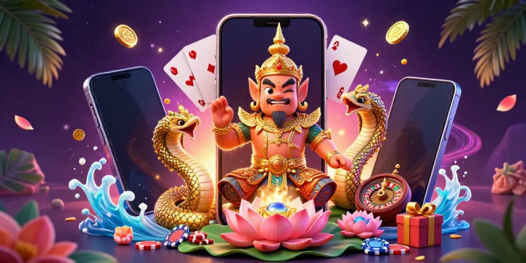 Experience the excitement of brabet with a 3D illustration of a Thai guardian and gaming elements.