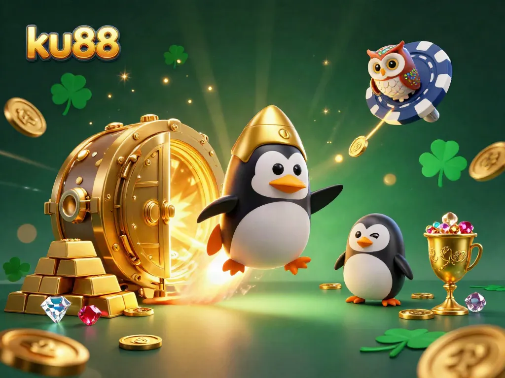 Engage with ku88's thrilling space-themed casino adventure featuring a golden penguin and treasure vaults.