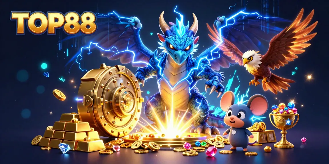 TOP88 showcases an electrifying thunder dragon and dazzling treasures in a vibrant casino-themed scene.