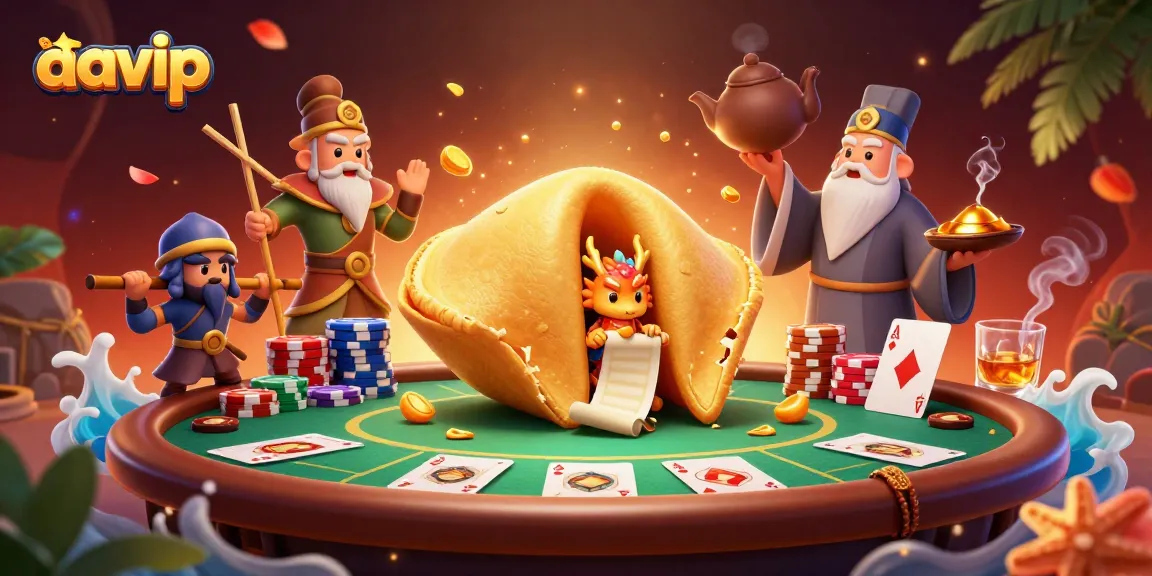 AAVIP players enjoying a dynamic poker scene with a golden fortune cookie and dragon.