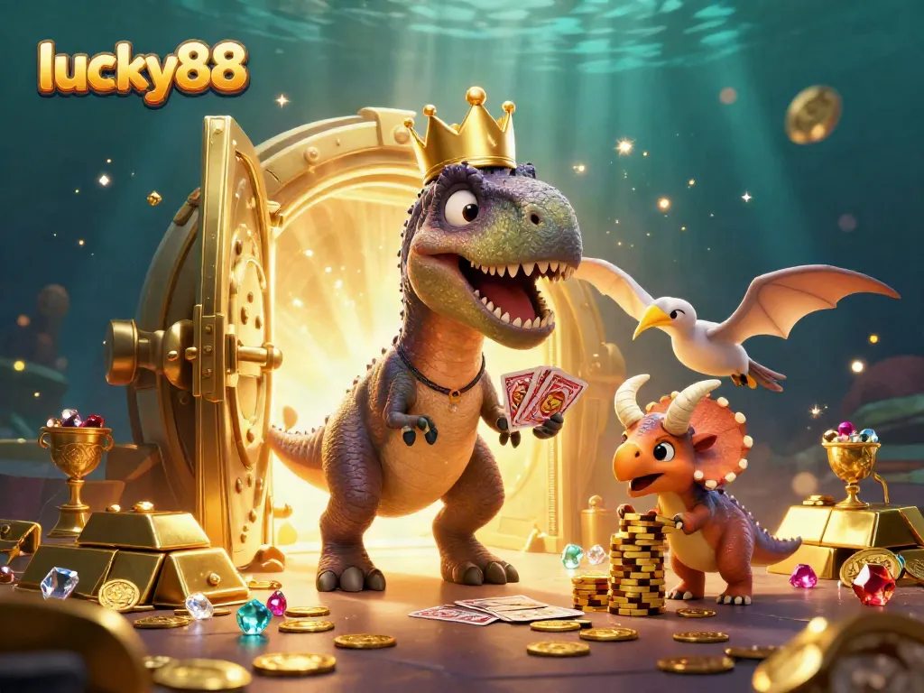Engage with lucky88 in this vibrant 3D casino illustration featuring a T-Rex, pterodactyl, and triceratops in a treasure-filled scene.