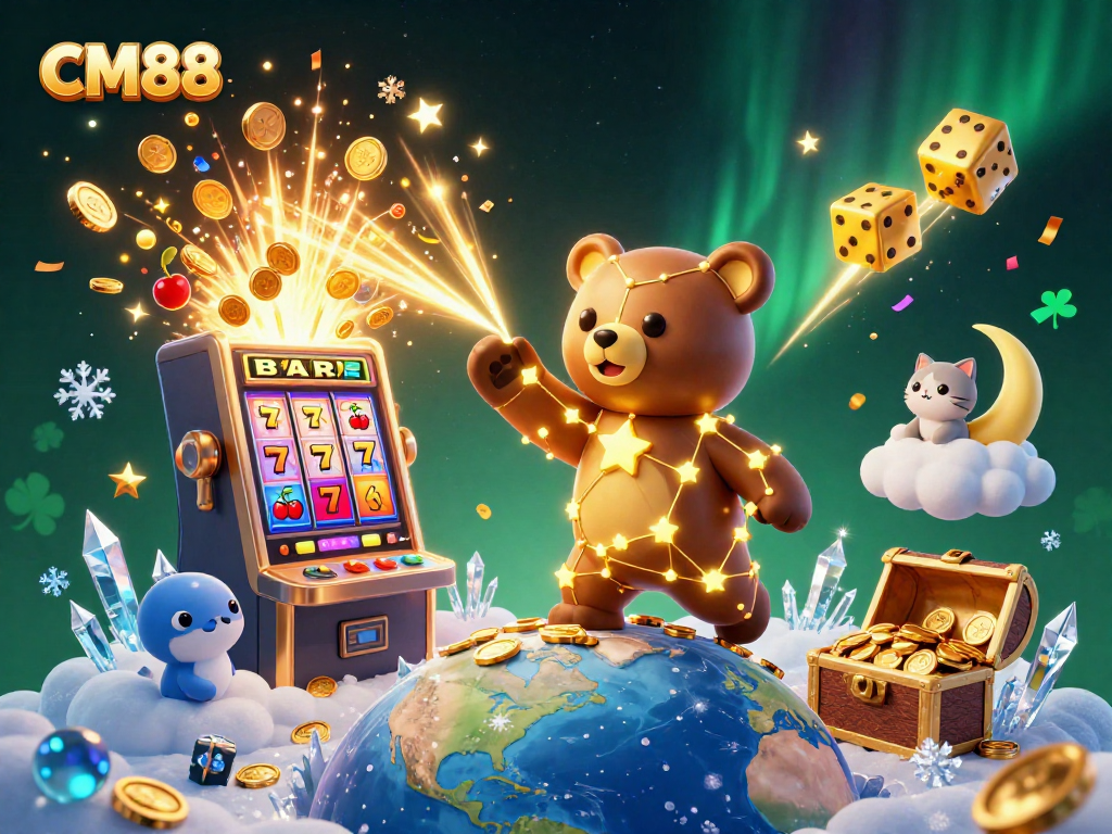 Engage with CM88's exciting casino experience as a constellation bear scoops up coins amidst vibrant gameplay elements.