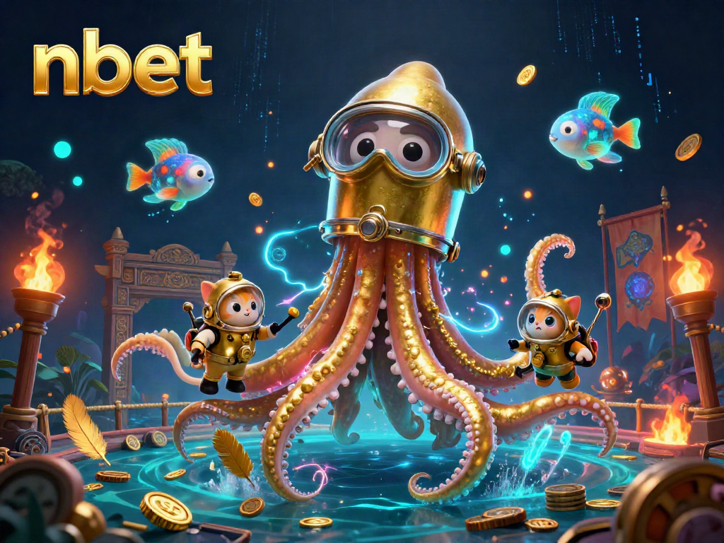 Experience thrilling nbet gameplay amidst a colossal kraken and diving cat in a vibrant underwater scene.