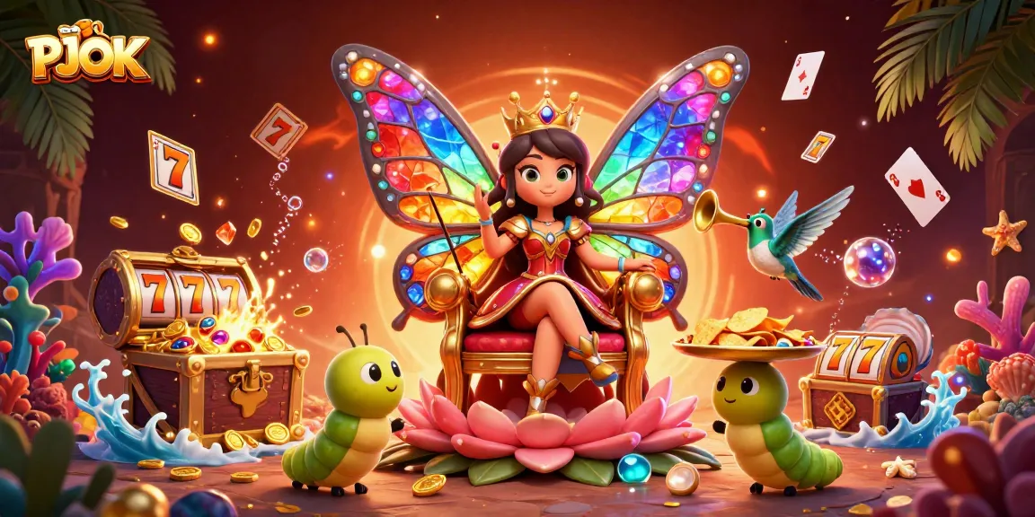 PJOK's vibrant 3D illustration showcases the excitement of casino gaming with a butterfly queen, slot reels, and treasure.