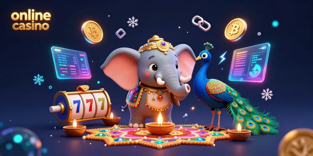 Engage with the vibrant online casino atmosphere featuring glowing Bitcoin and Ethereum elements.