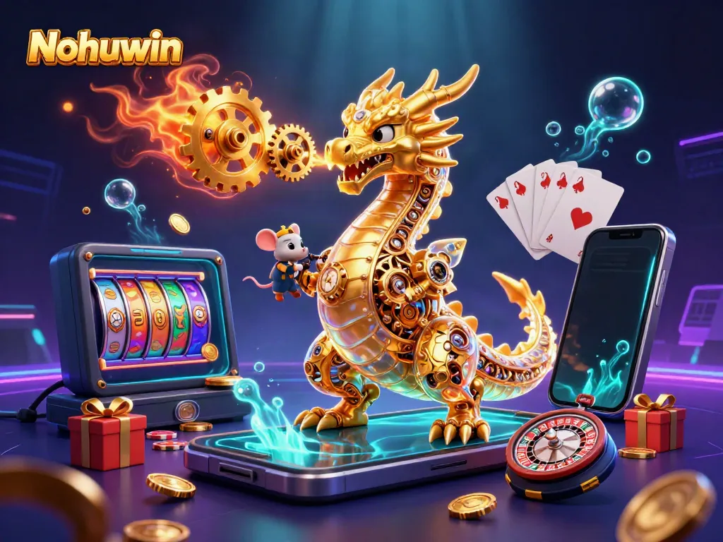 Nohuwin captures thrilling gameplay with a biomechanical dragon amidst colorful slot reels and casino elements.