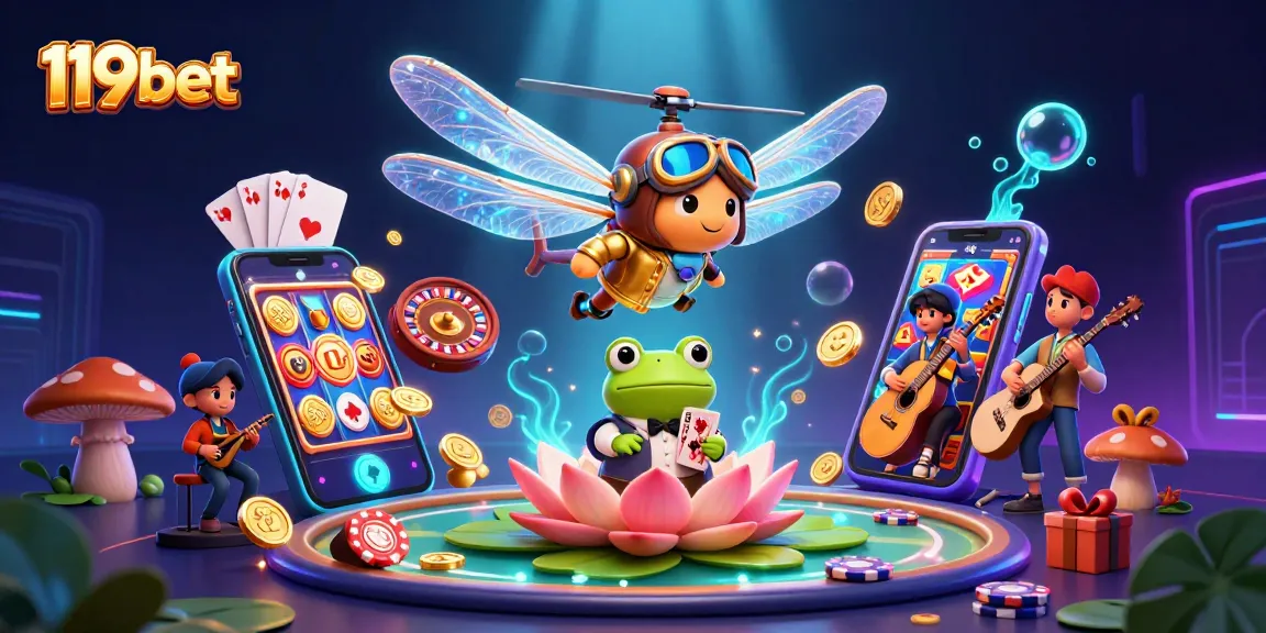 A vibrant 119bet scene showcasing a dragonfly pilot and frog croupier amidst thrilling casino gameplay.