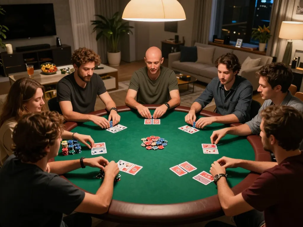 Players enjoying a lively poker night at home, showcasing the strategic excitement of 22ff and engaging gameplay.