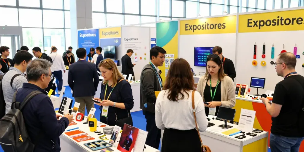 Engaged attendees exploring exhibitors' booths at a vibrant trade event focused on Expositores.