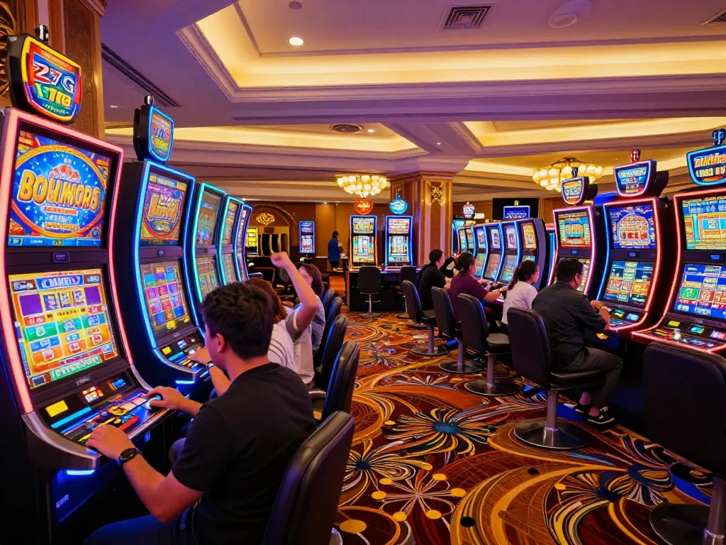 Players enjoying vibrant slot machines at 27G Casino, capturing excitement and winning moments.