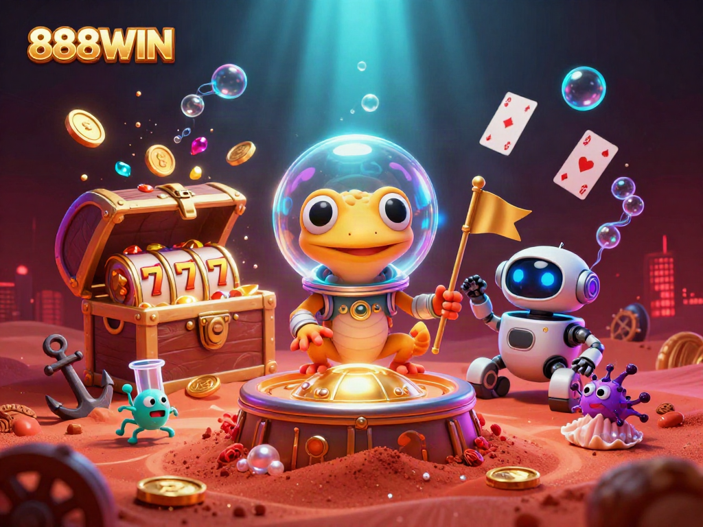 Explore the thrilling 888WIN casino universe with vibrant characters and engaging gaming elements.