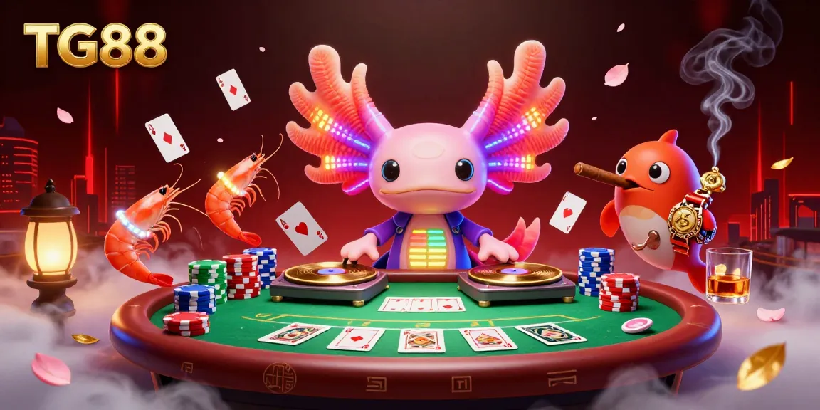 Experience the excitement of TG88 with vibrant casino elements, featuring a neon axolotl DJ and energetic sea creatures.