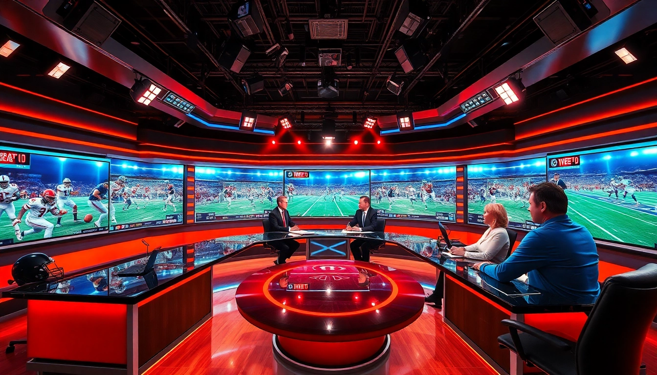 Engaging scene of sports broadcasting, featuring anchors and dynamic visuals.