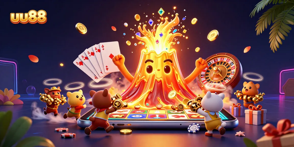 Experience exciting wins at uu88 with a lively golden volcano and treasure-filled scene.