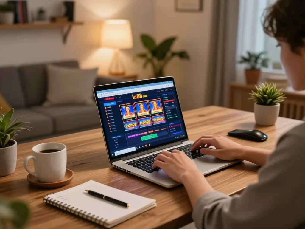 Engaging online gaming experience on lc88 com with a user focused on slot gameplay at home