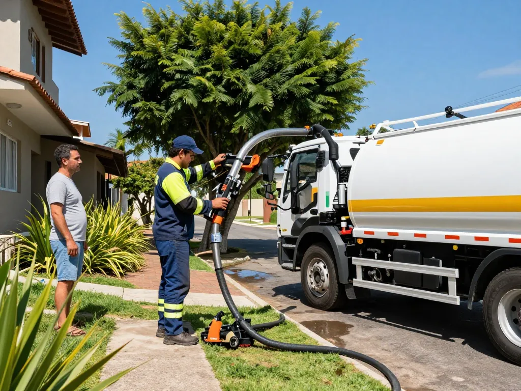 Limpa fossa em São Paulo, professional septic tank cleaning service with a technician and vacuum truck in a suburban setting.