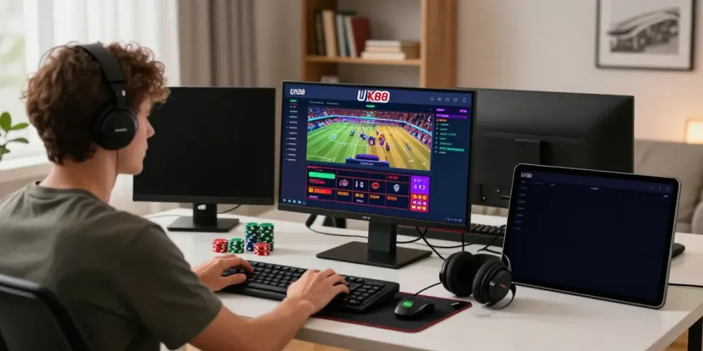 Engaged user on https://uk88win.org/ enjoying an exciting online gambling experience in a modern home setting.