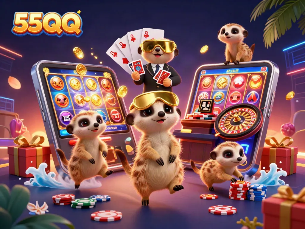 Experience the thrilling casino vibe with 55QQ, where meerkats deal and play for chips.