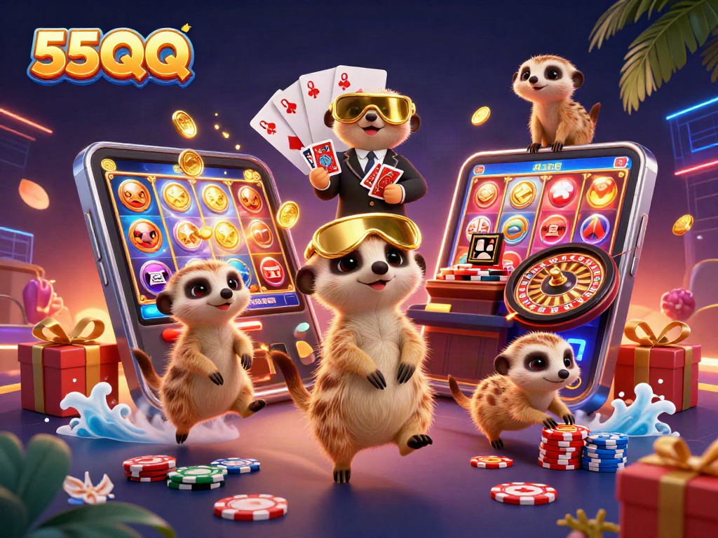 Experience the thrilling casino vibe with 55QQ, where meerkats deal and play for chips.