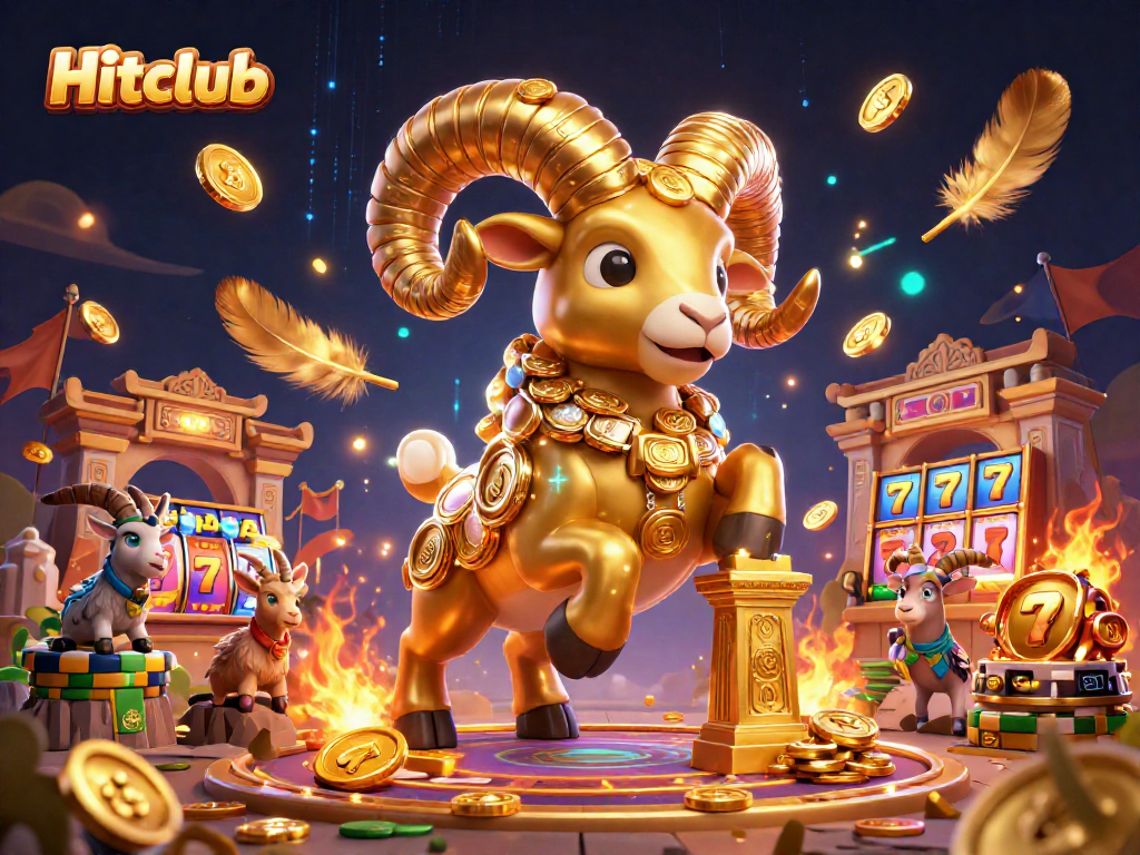 Hitclub showcases an epic charging ram amidst golden jackpots and vibrant casino elements.