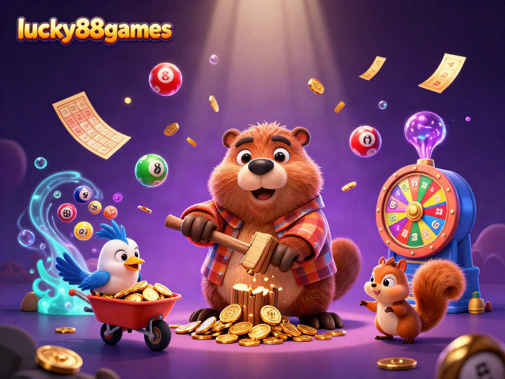 Engage with lucky88games by watching an animated scene where colorful lottery elements fly around lively characters.