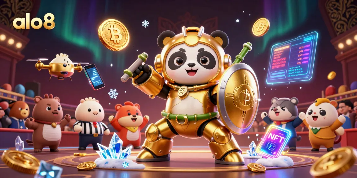 Experience thrilling gameplay at alo8 with a golden panda piloting a high-tech robot in a vivid casino arena.
