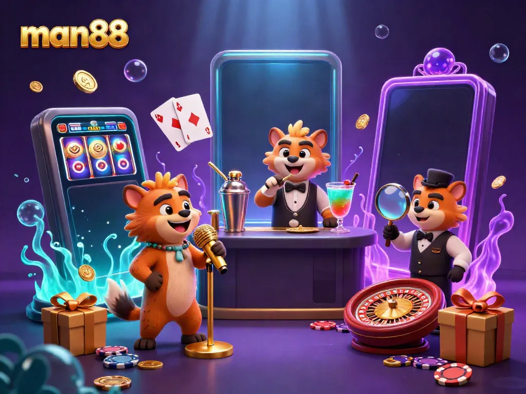Enjoy exciting gambling fun at man88 with a vibrant 3D casino illustration featuring lively hyenas.