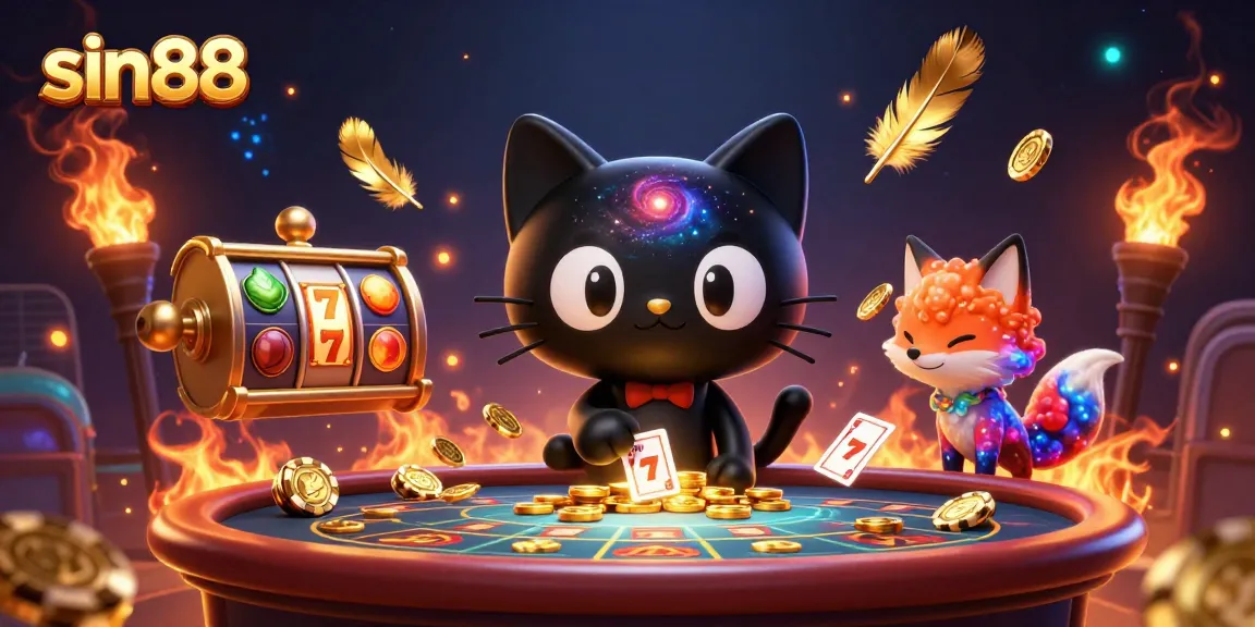Spin the slot reels with sin88 and enjoy a cosmic casino adventure featuring a black hole cat.