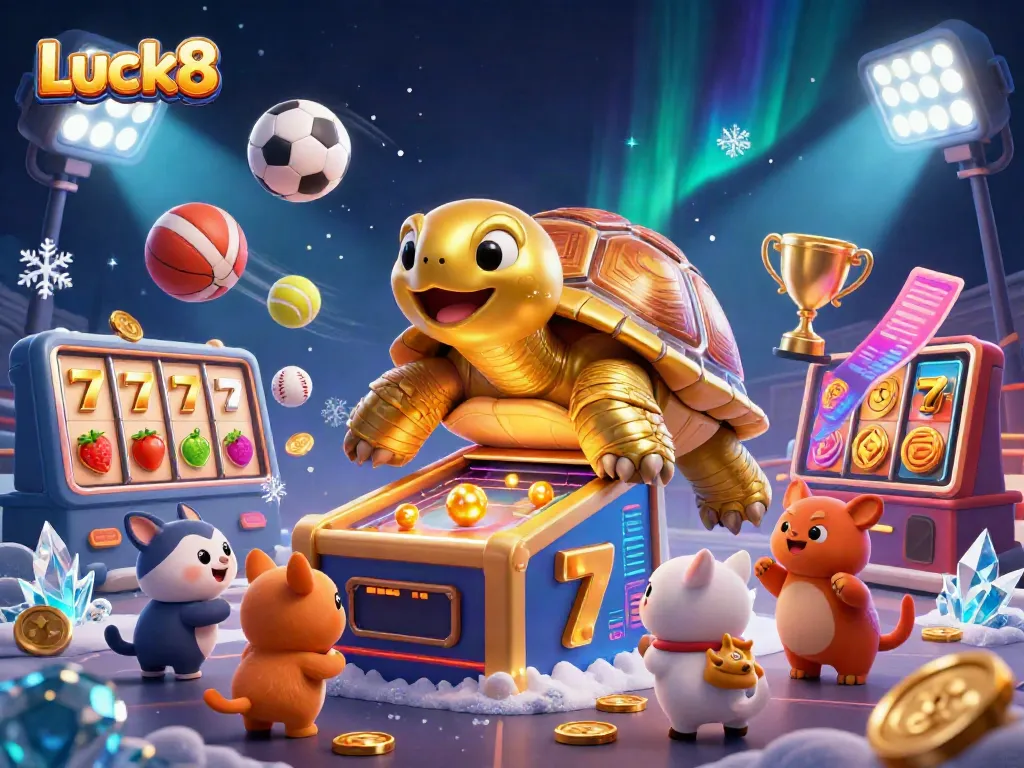 Engage in thrilling gaming action with Luck8's colossal golden tortoise and slot machine in a vibrant casino setting.