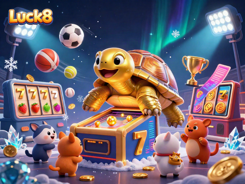Engage in thrilling gaming action with Luck8's colossal golden tortoise and slot machine in a vibrant casino setting.