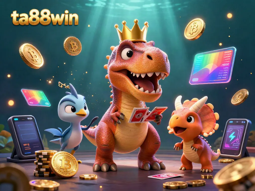 Experience the excitement of ta88win with a vibrant casino scene featuring a T-Rex shuffling cards.