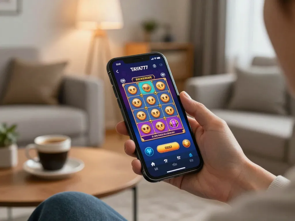 TAYA777 app engaging gameplay on smartphone in cozy home setting with ambient light.