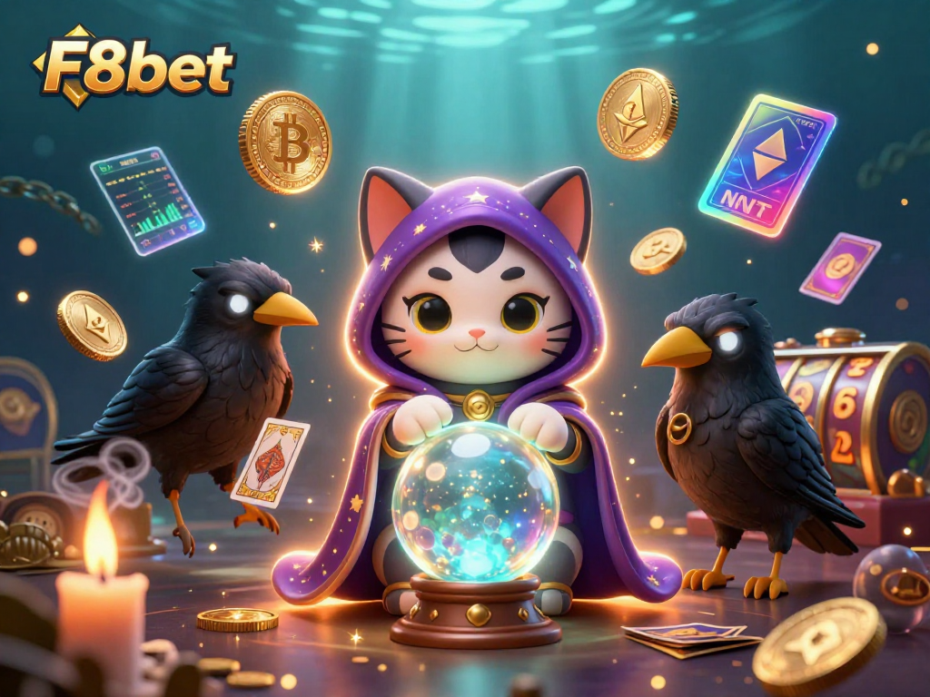 Join the action at F8bet with slots, crypto elements, and mystical characters in a vibrant casino scene.