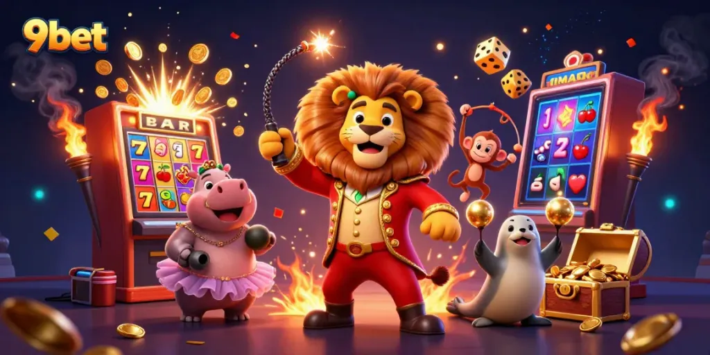 Experience the excitement of 9bet with colorful casino characters and a jackpot scene.