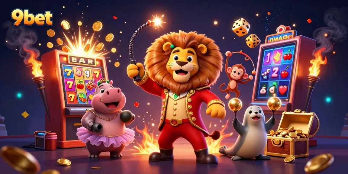 Experience the excitement of 9bet with colorful casino characters and a jackpot scene.
