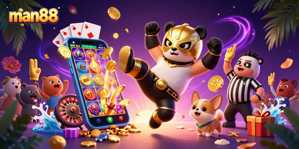 Experience thrilling action with man88 featuring a lively 3D wrestling scene embodying casino excitement.