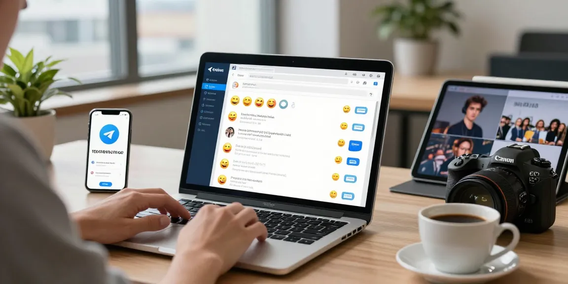 Using the Telegram Web Version on a modern laptop in a vibrant digital workspace.