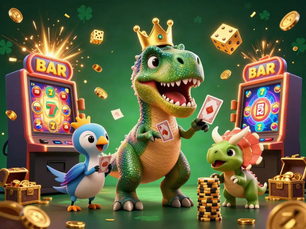 Sao 789 showcases a T-Rex shuffled cards as a baby triceratops stacks golden chips in this dynamic casino scene.