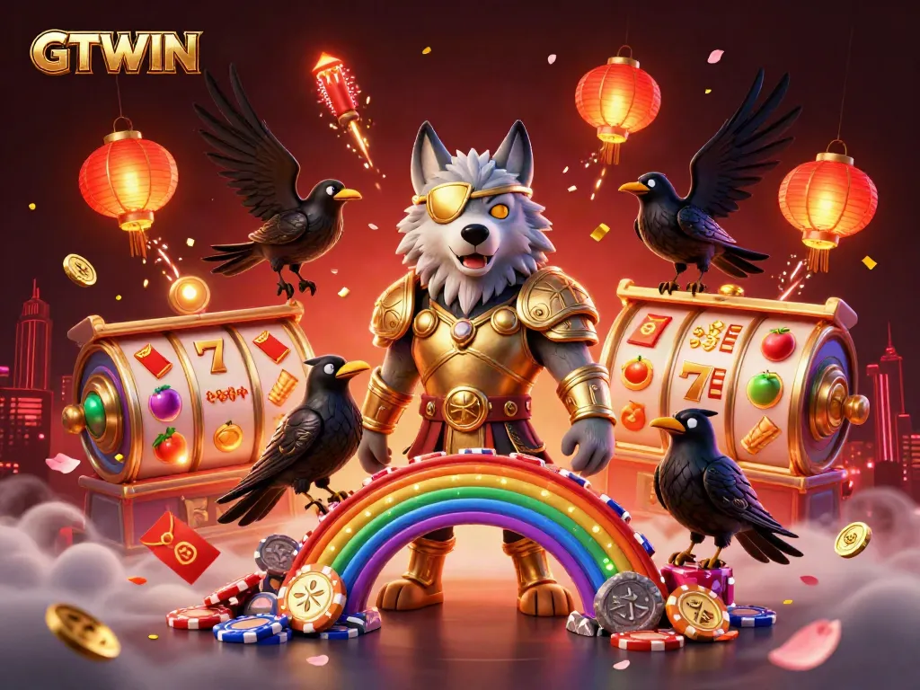 Engage with GTWIN's vibrant casino world through a dynamic illustration filled with games and mystical elements.
