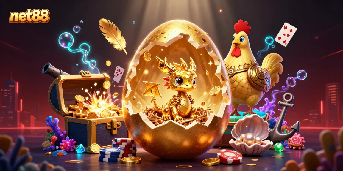 Win big at net88 with a golden egg cracking to reveal a dragon among poker chips.